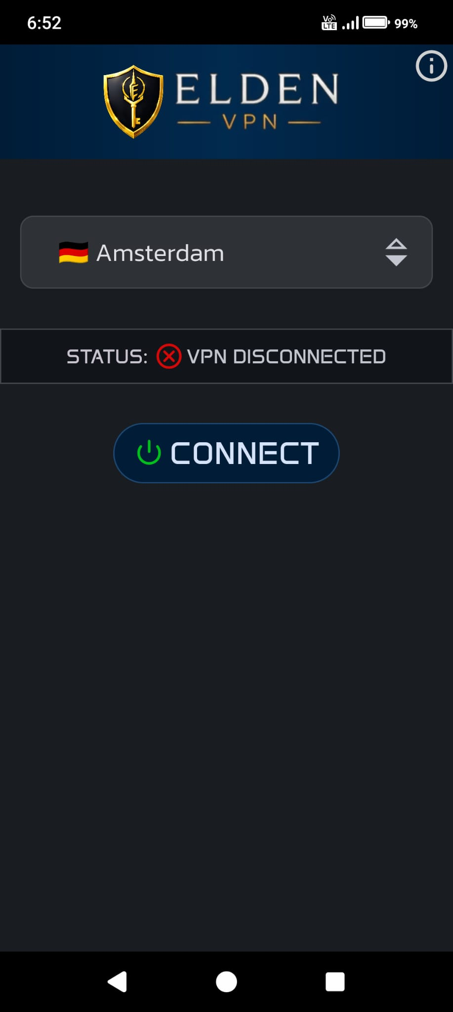Connected status screen in the Elden VPN mobile app